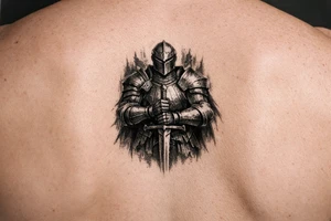 Knight in full plate armor, holding a sword, stoic pose, dark fantasy style tattoo idea