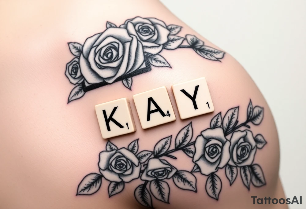 Tattoo on left shoulder
Predominant focal point: Scrabble letters spelling “KAY” resting on scrabble piece holder tray. The numbers in corner of each letter should not be actual scrabble values, instead they should be “1,4,3” or K=1, A=4, Y =3. To represent “I love you” 

This tattoo is to honor my grandmother in hospice

Surrounding the scrabble tile holder and pieces spelling KAY, her name, will be a rose bush tattoo. It should look realistic and fill all space between focal point scrabble tiles & the curves of my left shoulder muscle. I am pretty muscular, so I want the rose bush and stems to scent the definition of my shoulder muscles well. It should highlight my muscles and accentuate them more.

Tattoo in its entirety should cover the whole side of shoulder. The entire left shoulder, like Dwayne rock Johnson’s entire shoulder is covered. And rose bush should show lots of vines/stems tattoo idea