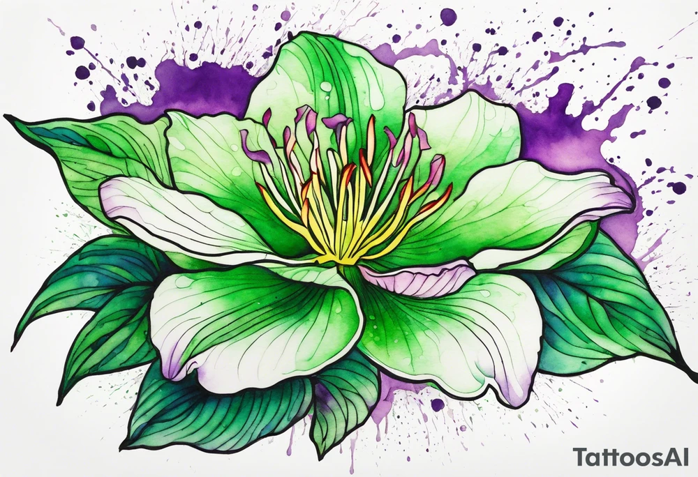 An outline of an only green rio dipladenia flower and a green and purple watercolor splash in the background tattoo idea