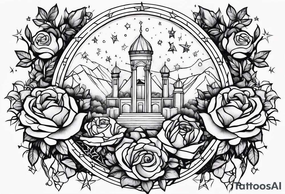 Tesseract with a field of roses and stars around it tattoo idea