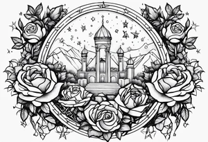 Tesseract with a field of roses and stars around it tattoo idea