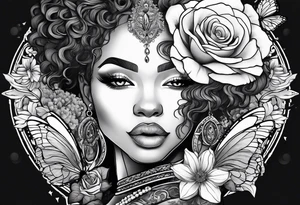 Black women body with a lion, flowers and butterflies tattoo idea