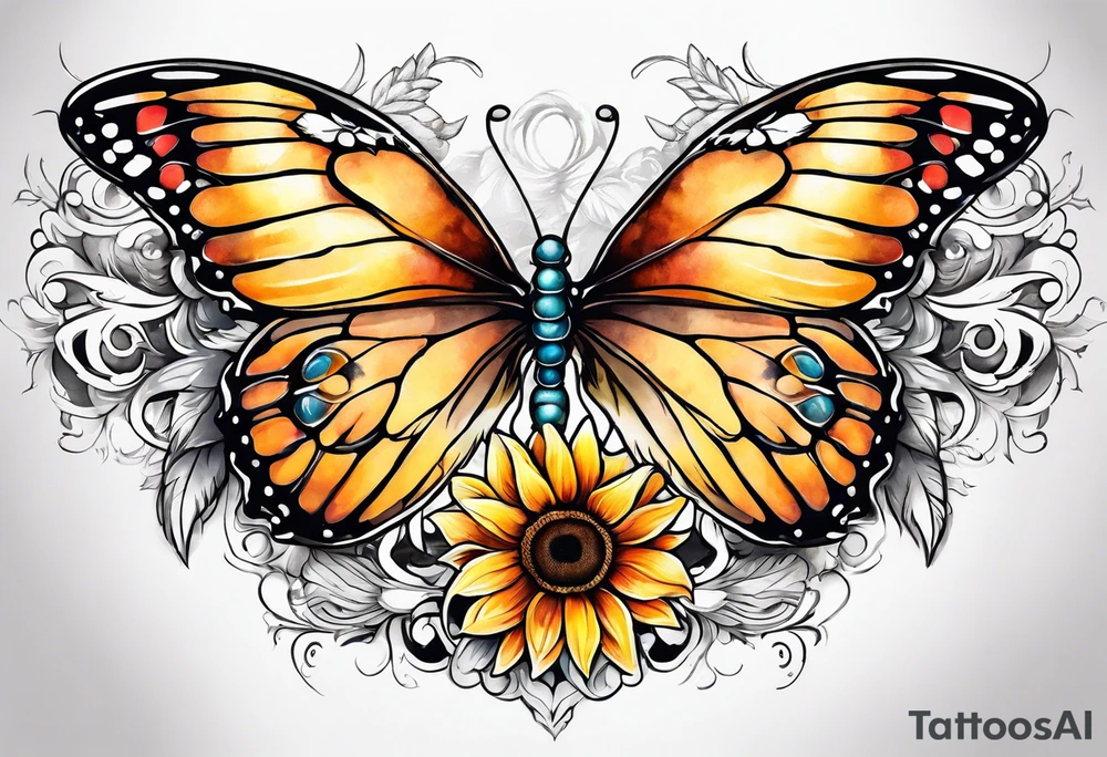 Sleeve with angel wings, sunflower and butterfly tattoo idea