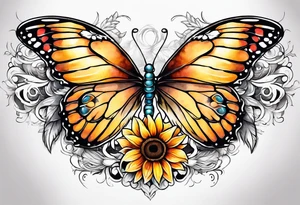 Sleeve with angel wings, sunflower and butterfly tattoo idea