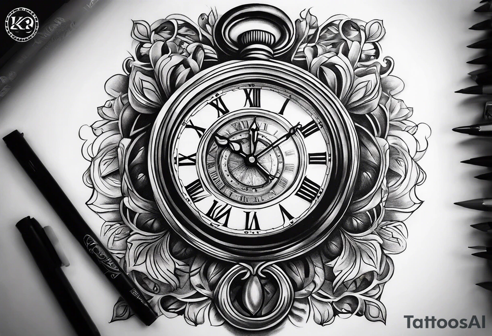 draws a clock which is mixed with an hourglass. they are surrounded by Roman numerals. it is a black and white tattoo for the right shoulder of a man tattoo idea