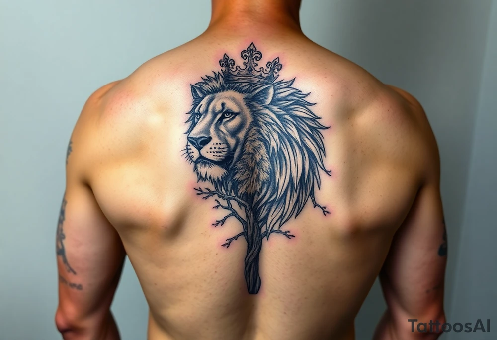 powerful majestic lion with a crown with a tree and for upper arm tattoo idea
