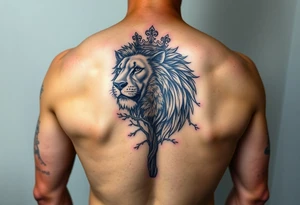 powerful majestic lion with a crown with a tree and for upper arm tattoo idea