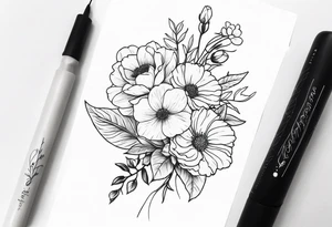 flower bouquet on upper outer arm with birth flower of April and September tattoo idea