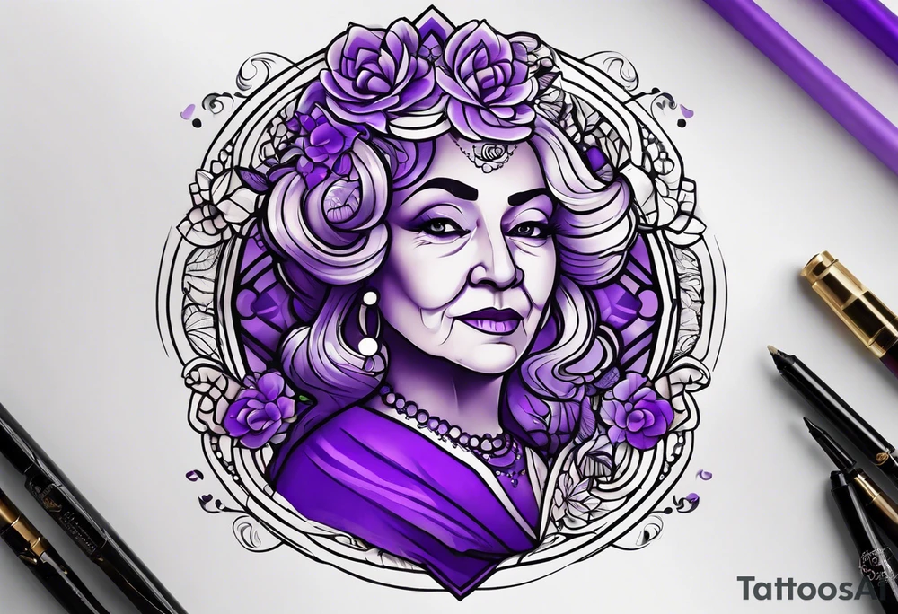I'm looking for a tattoo design that beautifully reflects the essence of both my grandma . My grandma, a vibrant soul, adores the color purple walks to church every morning if she can't walk she finds ways to get there! Right after she goes to the market tattoo idea