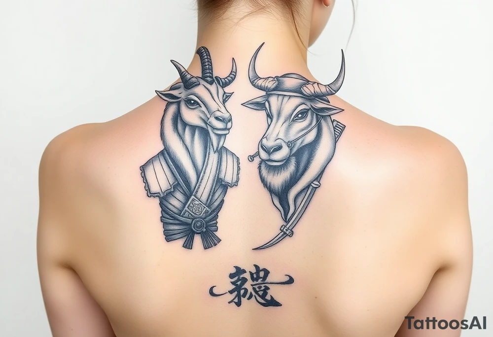 Goat and Ox dressed up as samurai warrior tattoo idea
