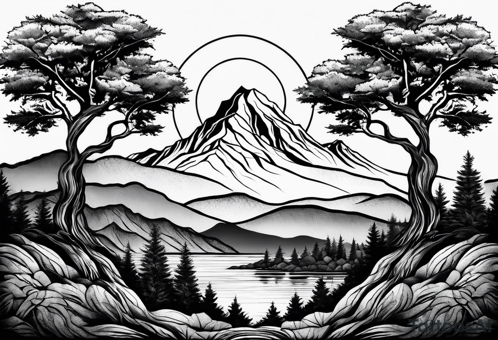 Three mountains three trees with roots tattoo idea
