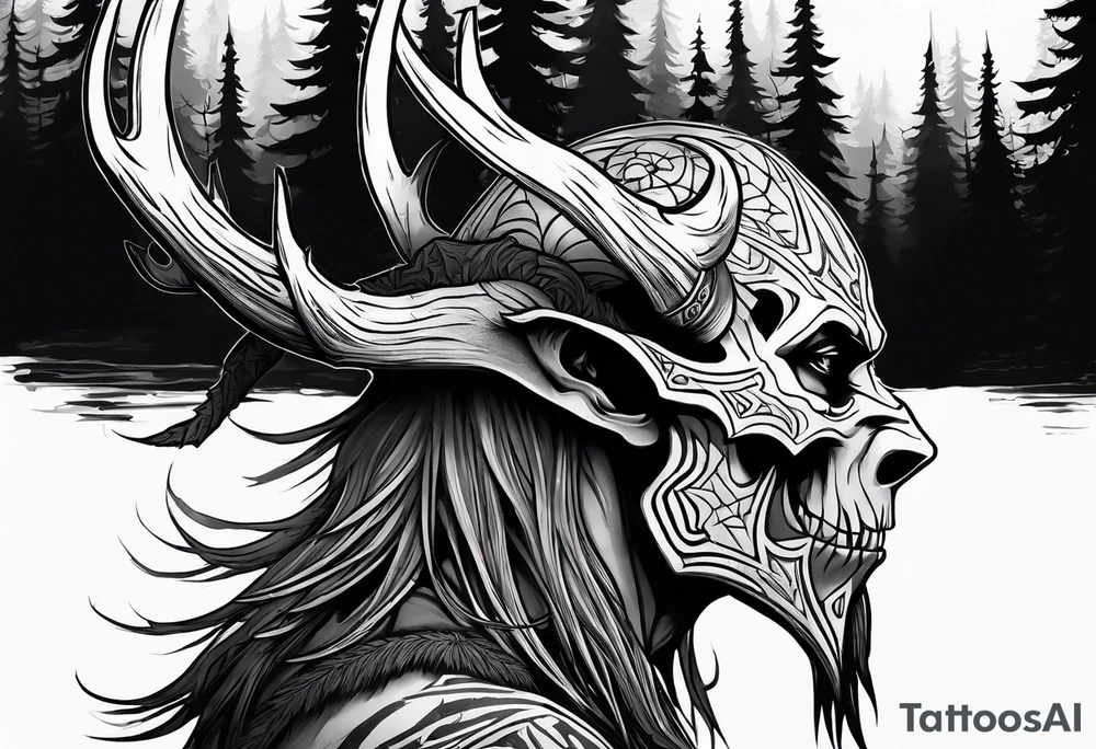 A scary dead lore accurate wendigo side profile surrounded by a forest fire in background tattoo idea