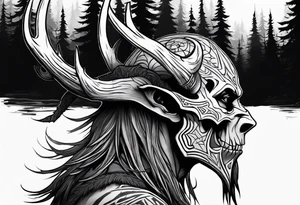 A scary dead lore accurate wendigo side profile surrounded by a forest fire in background tattoo idea
