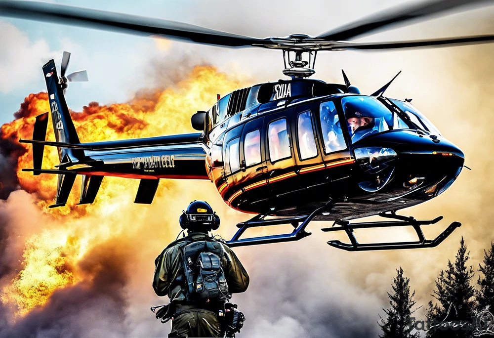 a bell 407 helicopter with the name "T. Sousa" on it, fighting a fire, with the pilot wearing night vision goggles. tattoo idea