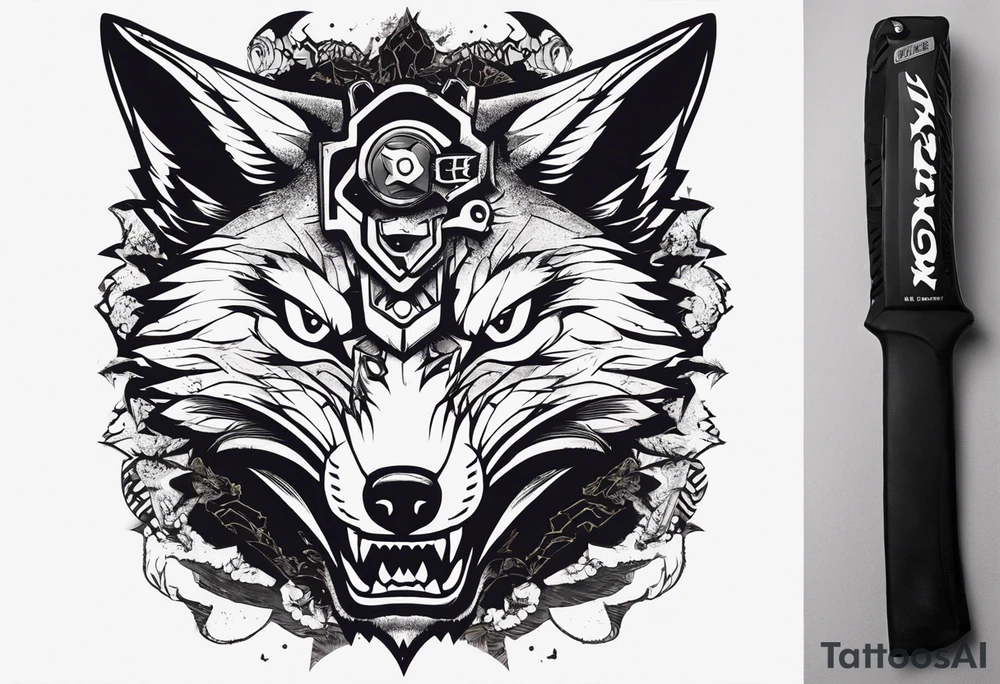 A tattoo designed for the knee, featuring the face of the fox Kon (chainsaw man series) with wild, exaggerated features, such as sharp fangs, intense eyes, and a snarling expression. The design incorporates large areas of white space for contrast, with beams of light or energy radiating outward from the beast’s eyes in a chaotic and powerful pattern. The overall look should be bold and primal, with flowing lines that adapt naturally to the curvature of the knee. tattoo idea