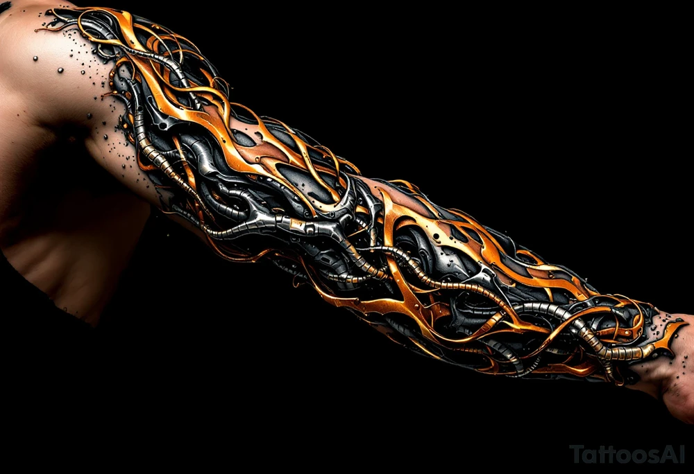 A fusion design of organic tendons and metallic elements in jet black and bronze, blending with skin through shadowed transitions. tattoo idea
