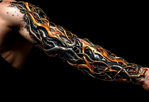 A fusion design of organic tendons and metallic elements in jet black and bronze, blending with skin through shadowed transitions. tattoo idea