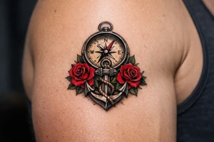 a compass under it an anchor and roses. tattoo idea