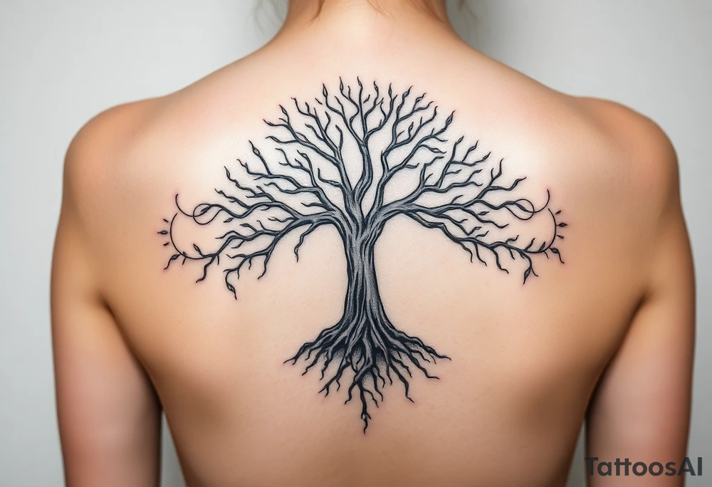 mystical tree of life with cosmic roots and celestial branches tattoo idea