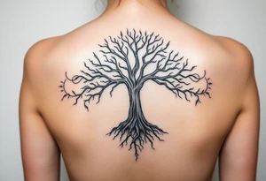 mystical tree of life with cosmic roots and celestial branches tattoo idea