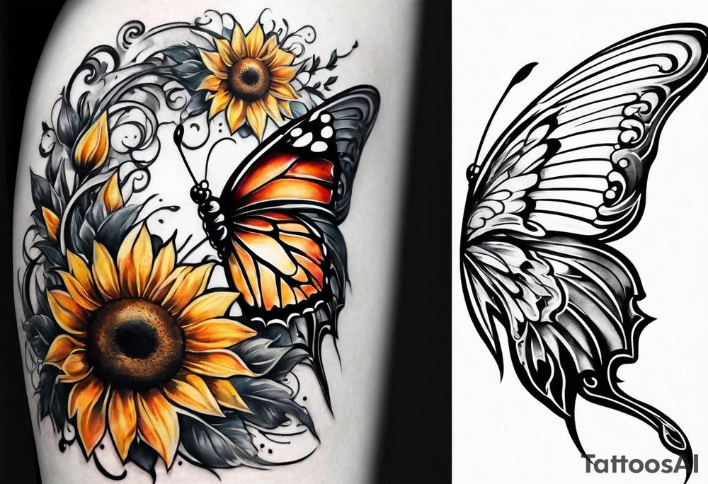 Sleeve with angel wings, sunflower and butterfly tattoo idea