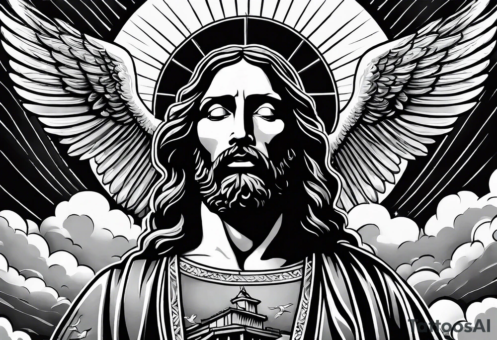 Jesus standing on a flight of stairs with clouds, sunshine and a dove in the background on the upper arm tattoo idea
