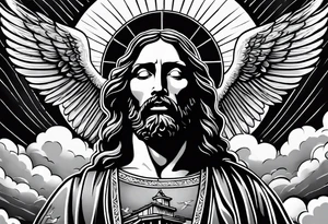 Jesus standing on a flight of stairs with clouds, sunshine and a dove in the background on the upper arm tattoo idea