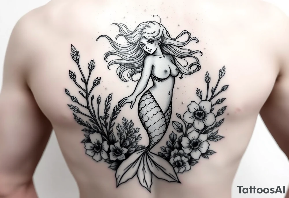 ethereal mermaid with flowing hair among coral and sea flowers tattoo idea