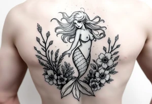 ethereal mermaid with flowing hair among coral and sea flowers tattoo idea