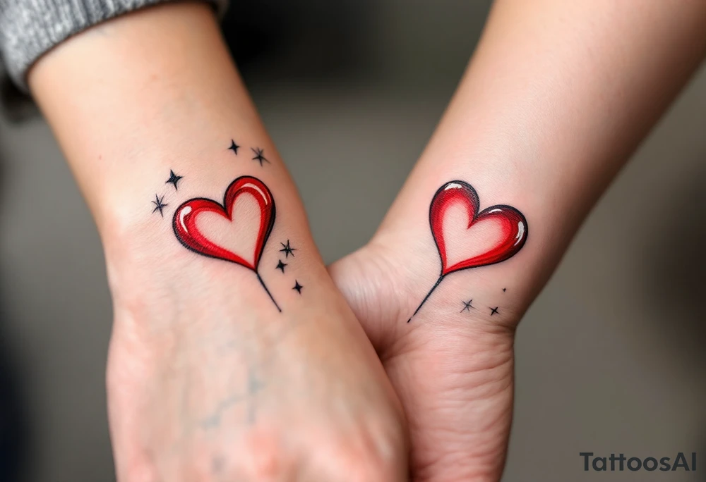 A red candy-heart design on each partner wrist tattoo idea