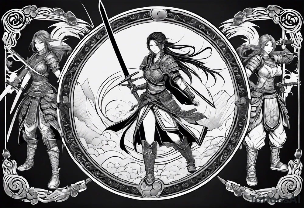 3 female warriors in full body armor wielding dual swords ready for battle, back facing, in front of an enso circle tattoo idea