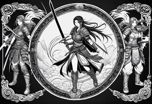 3 female warriors in full body armor wielding dual swords ready for battle, back facing, in front of an enso circle tattoo idea