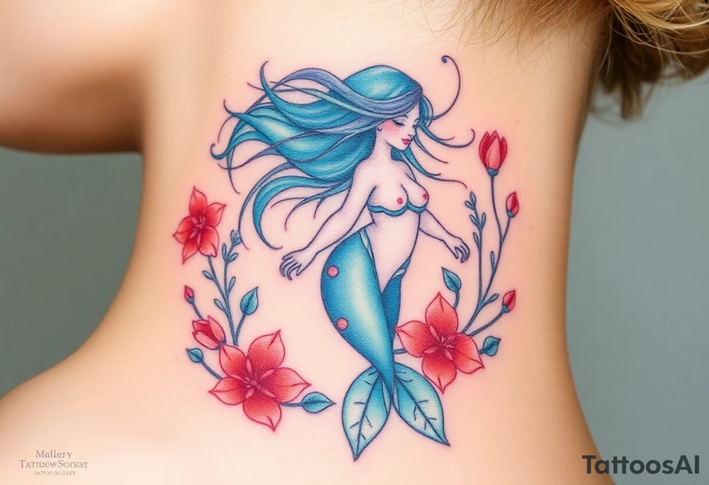 ethereal mermaid with flowing hair among coral and sea flowers tattoo idea