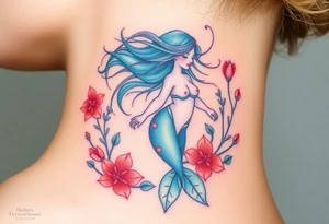 ethereal mermaid with flowing hair among coral and sea flowers tattoo idea