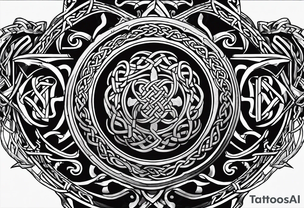 Create a tattoo that expresses the Celtic heritage, Christian faith, American patriot. This is an all black tattoo and is very masculine and tough tattoo idea