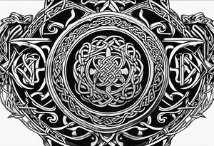 Create a tattoo that expresses the Celtic heritage, Christian faith, American patriot. This is an all black tattoo and is very masculine and tough tattoo idea