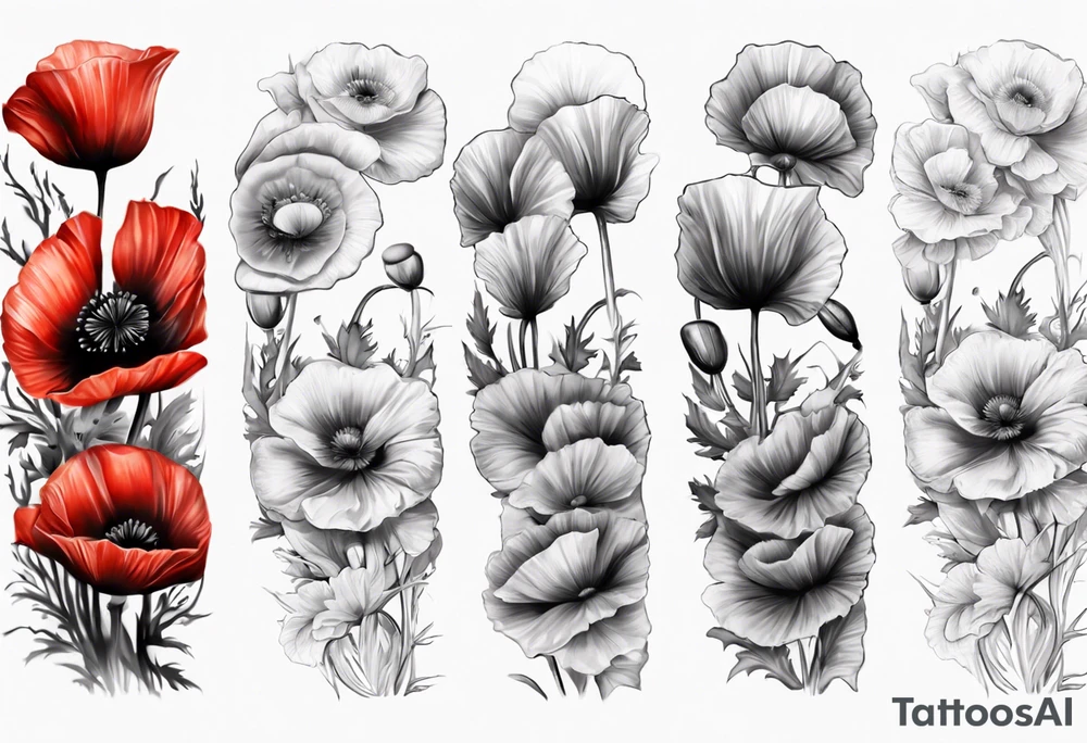 arm Sleeve with 14 poppies, one black and white. military themed tattoo idea
