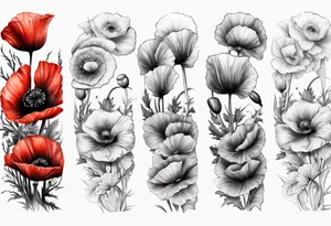 arm Sleeve with 14 poppies, one black and white. military themed tattoo idea