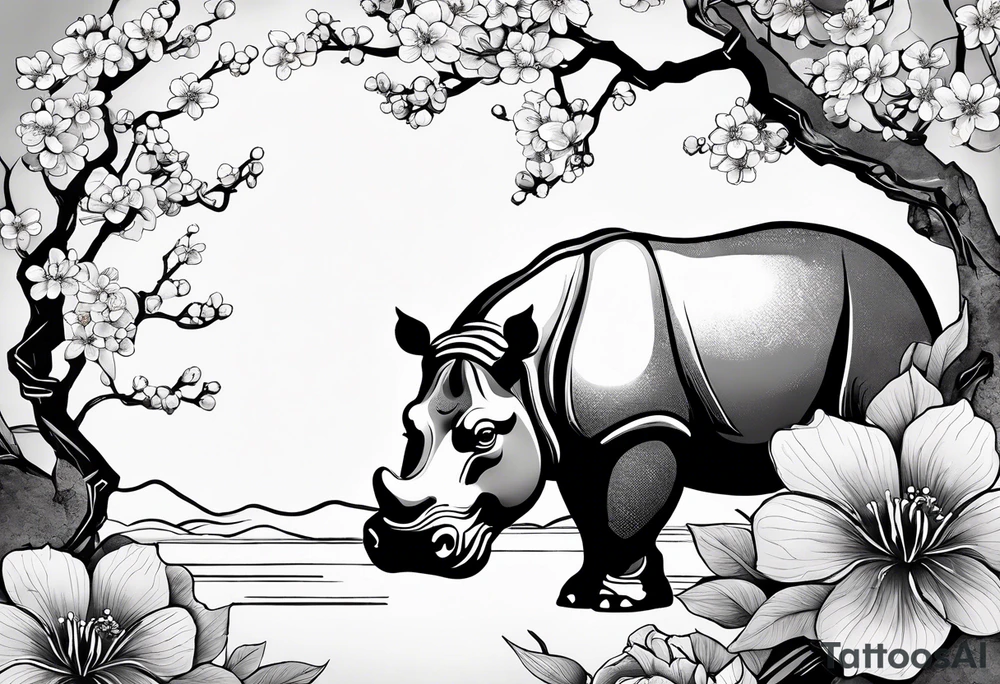 Asymmetrical, geometric, chinese ink art touch, hippo , full moon, wintersweet flower, light , modify from my favourite tattoo idea