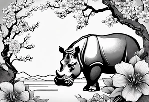 Asymmetrical, geometric, chinese ink art touch, hippo , full moon, wintersweet flower, light , modify from my favourite tattoo idea