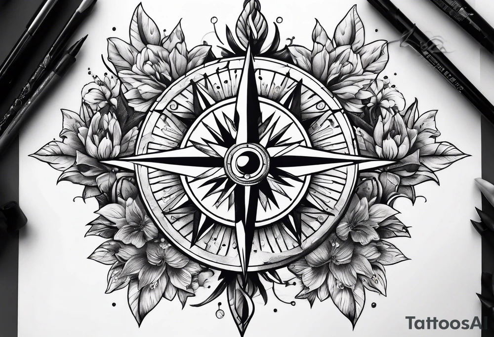 Compass mountains flowers tattoo idea