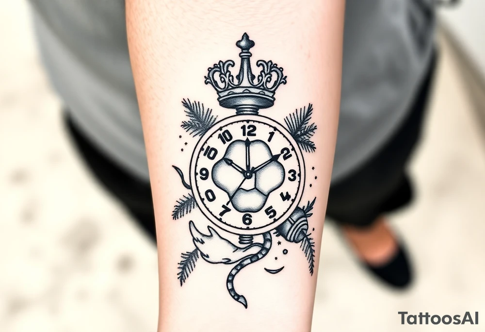 Hazme un tatuaje en el antebrazo que tenga un fondo de playa con palmeras le siga un reloj rompiéndose con un balón de fútbol con relieve con una corona y que encima del tatuaje ponga el tiempo De Dios es perfecto con una fuente en cursiva y negrita tattoo idea