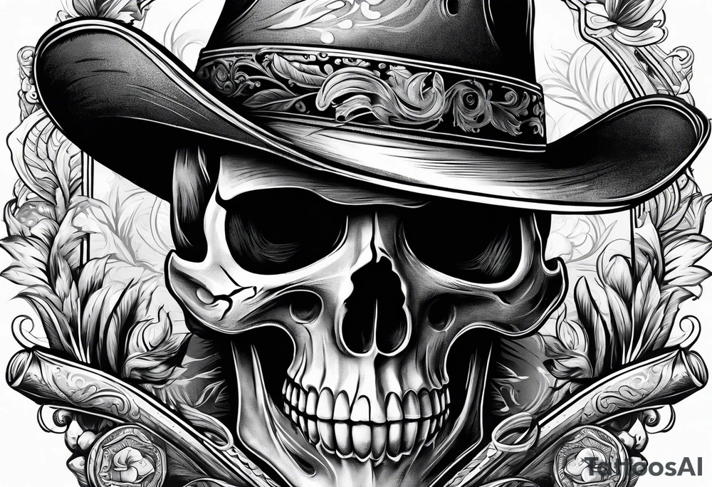Skull wearing a cowboy hats, smoking a cigar. tattoo idea