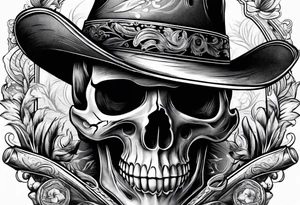Skull wearing a cowboy hats, smoking a cigar. tattoo idea