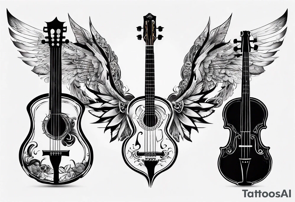 CROSSEED ACOUSTIC GUITAR AND VIOLIN WITH WINGS tattoo idea