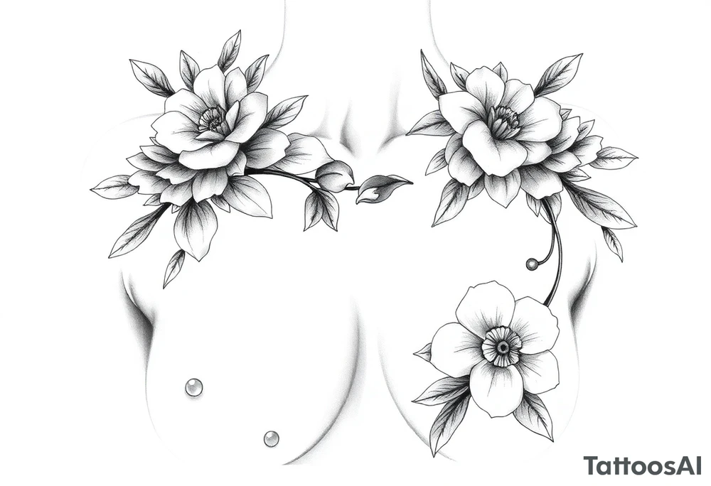 Chest sternum under boob floral tattoo not over the boobs tattoo idea