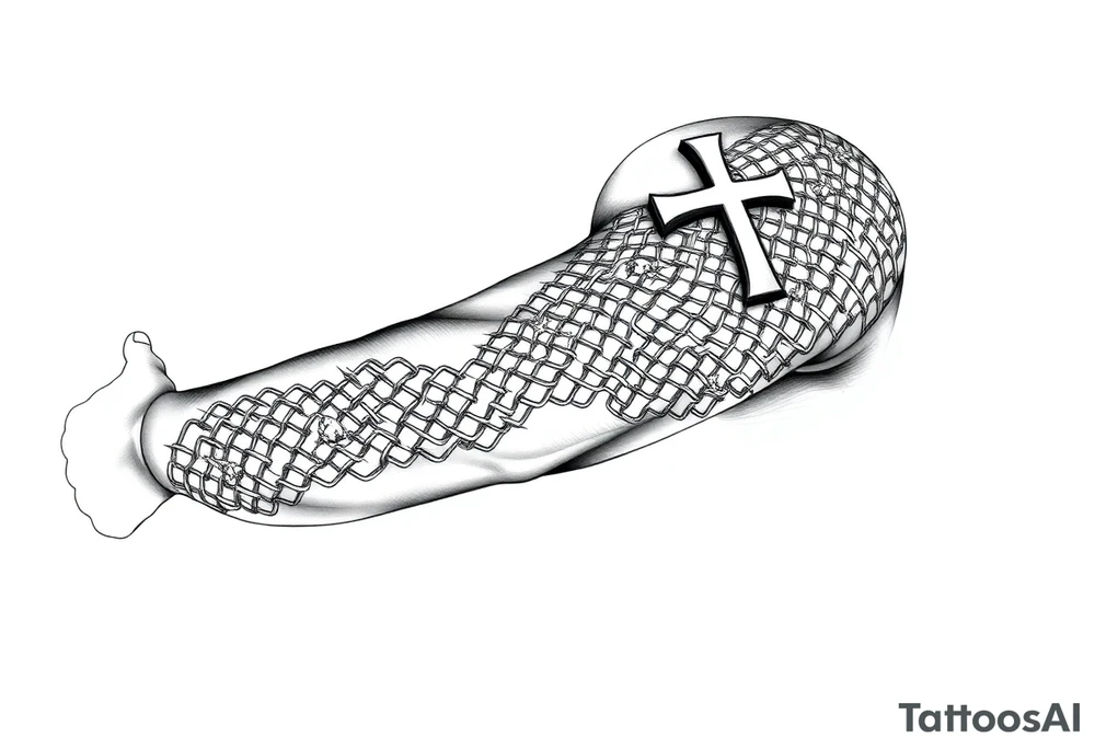 Chainmail armor from bottom of neck to  below elbow with a cross on shoulder tattoo idea