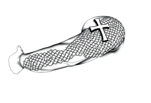 Chainmail armor from bottom of neck to  below elbow with a cross on shoulder tattoo idea