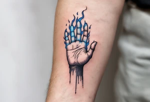 "Nehas, co te nepali." — A hand reaching out to untouched blue flames, surrounded by the quote in sharp charcoal-gray ink. tattoo idea