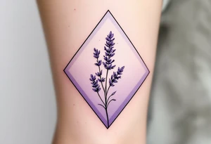 A geometric lavender sprig within a diamond frame, with a gradient from deep violet to soft lilac. tattoo idea